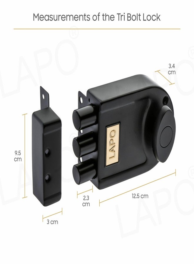LAPO Black TriBolt Deadbolt Lock, Modern Main Door Security Lock for Wooden Door, Fixed Cylinder with 4 Brass Keys, Suitable for Inside&Outside Opening, Heavy Duty Design for Long-Lasting Protection - Image 2